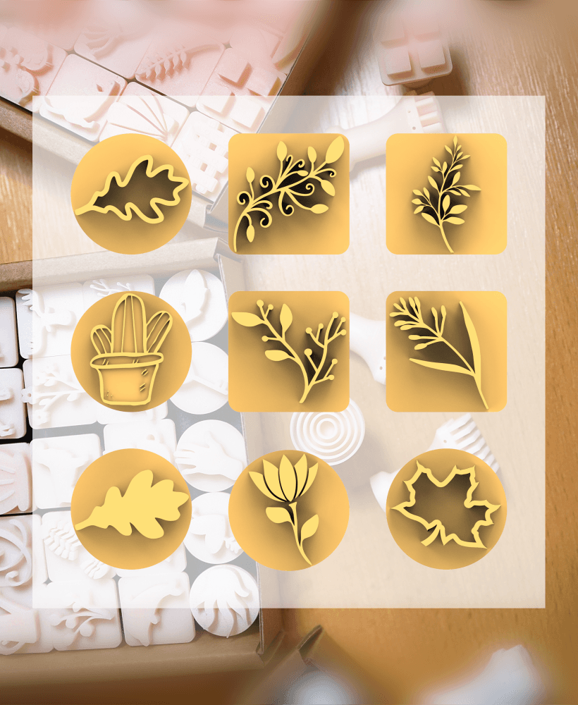 Ceramic Clay Stamp Set – Plants & Leaves (9 Stamps, 20 mm) 3d model