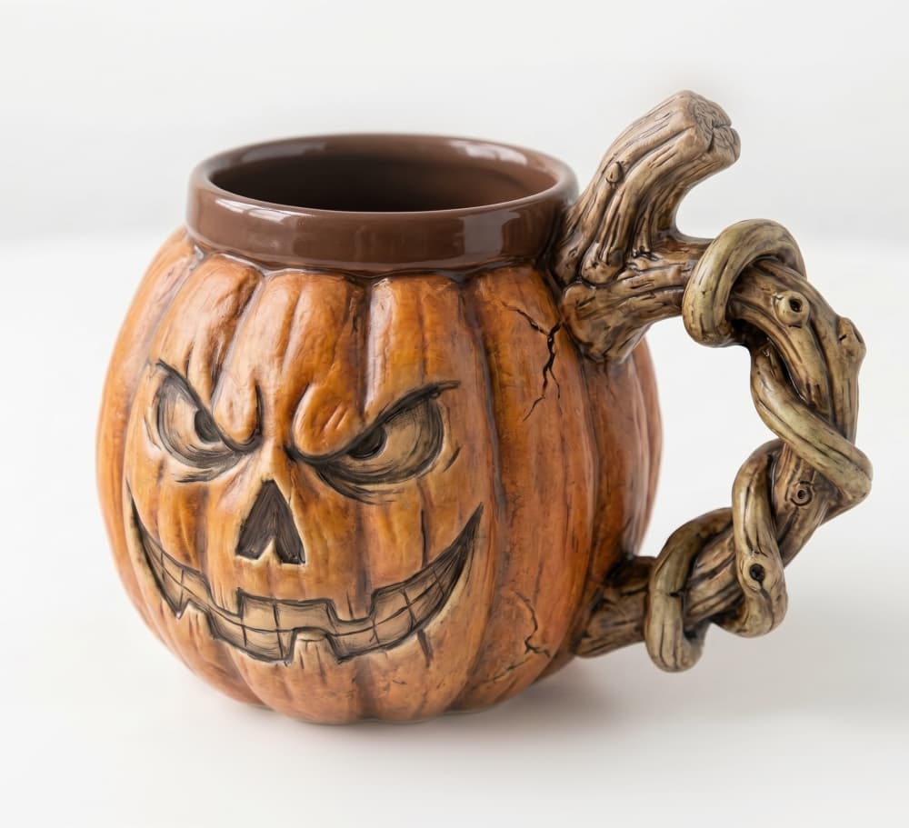 Spooky Twisted Pumpkin Mug - Halloween Jack-o'-Lantern with Gnarled Branch Handle 3d model