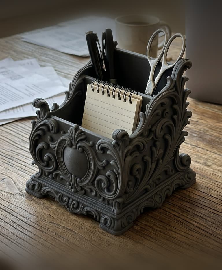 Baroque Ornate Desk Organizer - Rococo Style Pen Holder & Stationery Caddy 3d model