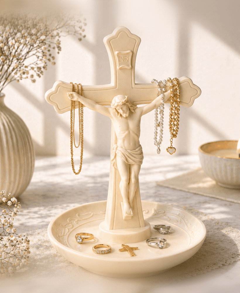 Crucifix Rosary Jewelry Tray STL – Catholic Cross Holder & Ring Dish 3d model