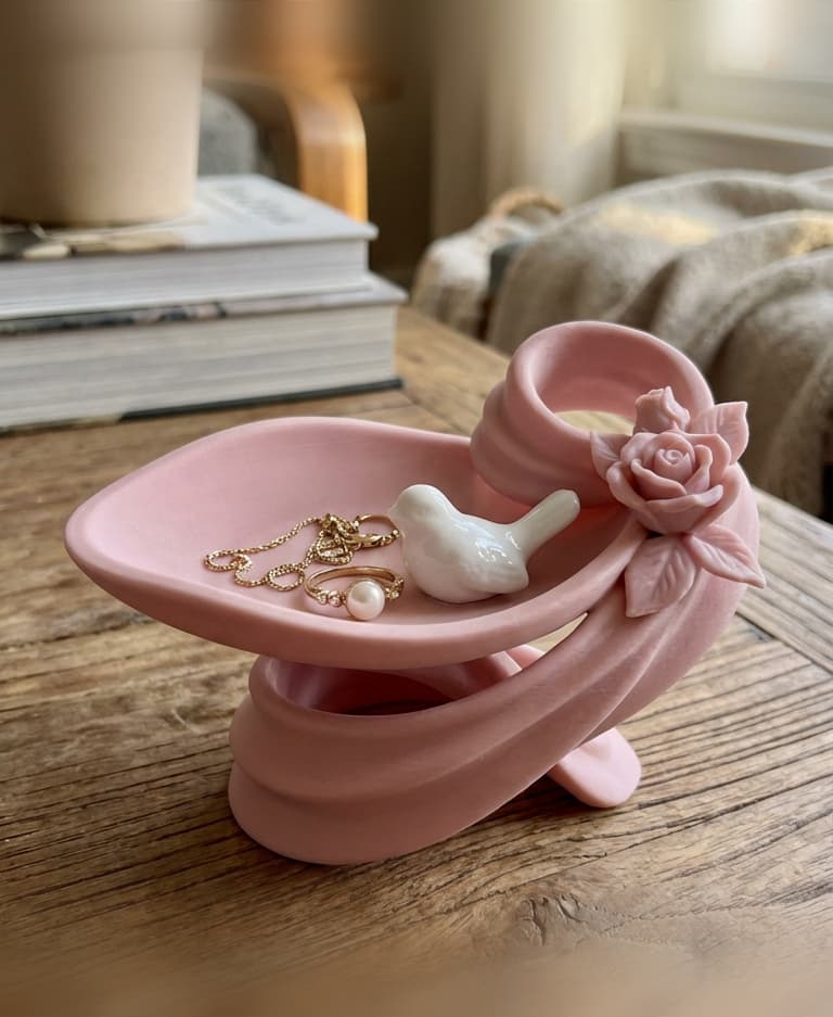 Coquette Ribbon Jewelry Tray with Rose & Bird Accent – Romantic Vanity Catchall STL 3d model