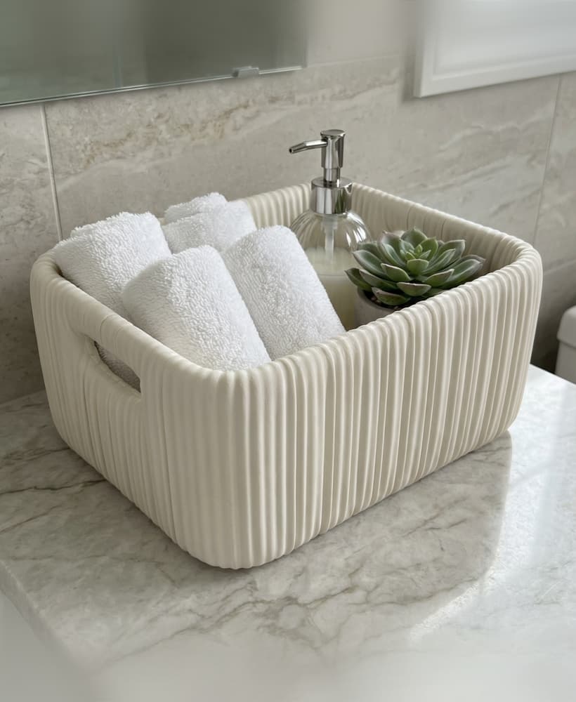 Modern Ribbed Storage Basket with Handles | Minimalist Bathroom Organizer Bin 3d model
