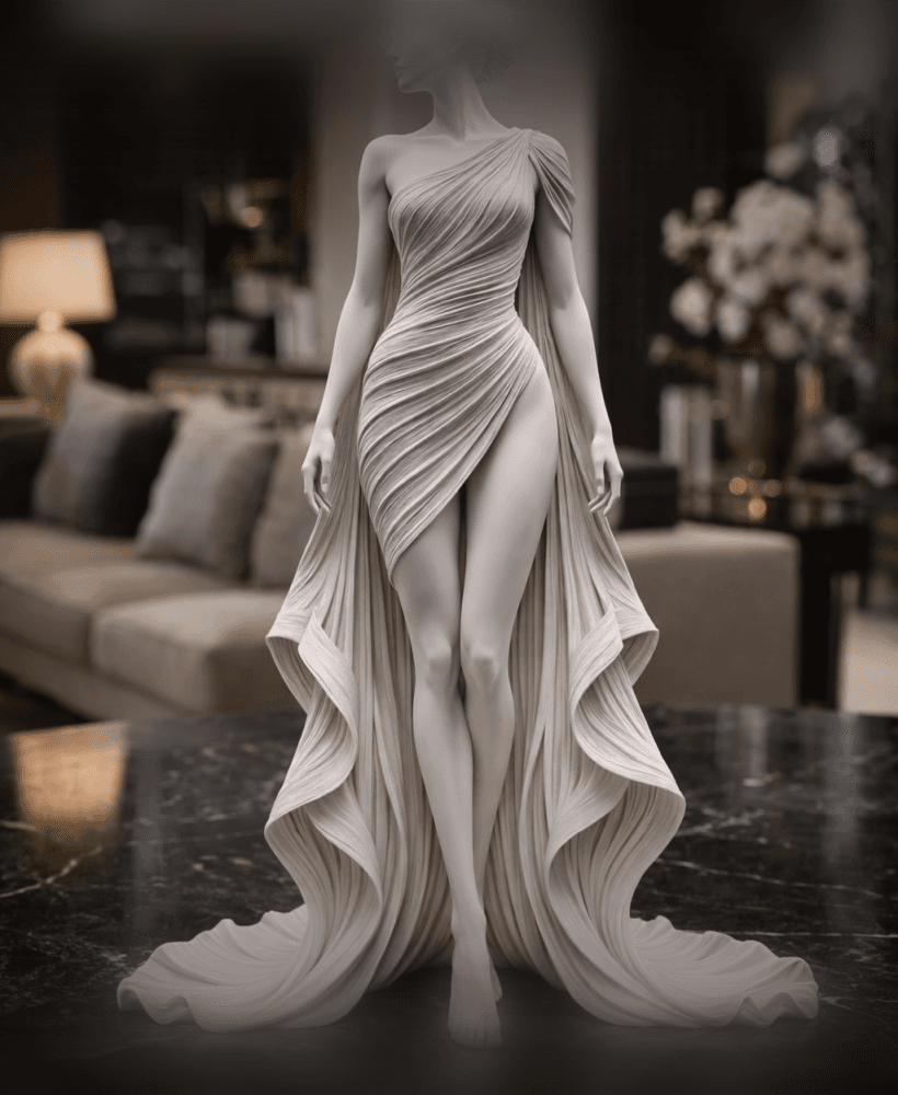 Elegant Goddess Dress Statue STL – Flowing Couture Female Sculpture for 3D Printing 3d model
