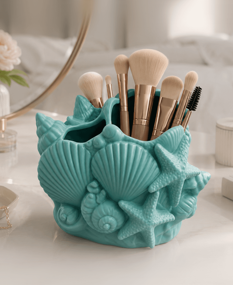 Seashell Makeup Brush Holder STL Coastal Vanity Organizer Beach Decor 3D Print 3d model