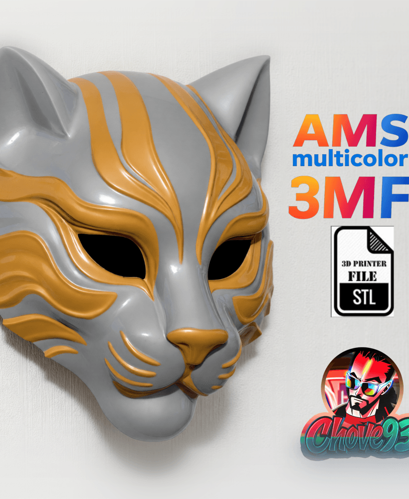 Spirit_Cat_Wall_Decor_Mask – STL & 3MF Multicolor (3 Colors) 3d model